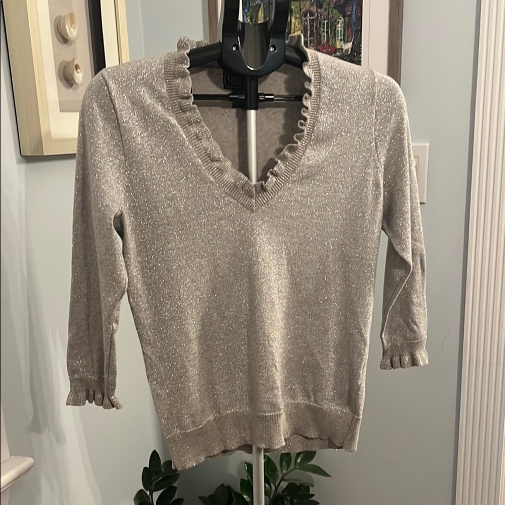 Chaps Silver Metallic Ruffle Neck Pullover Sweater Womens Size M